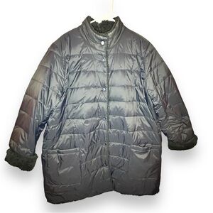 J. Jill Navy Reversible Down Nylon Sherpa Puffer Coat Snap Front XL Tall